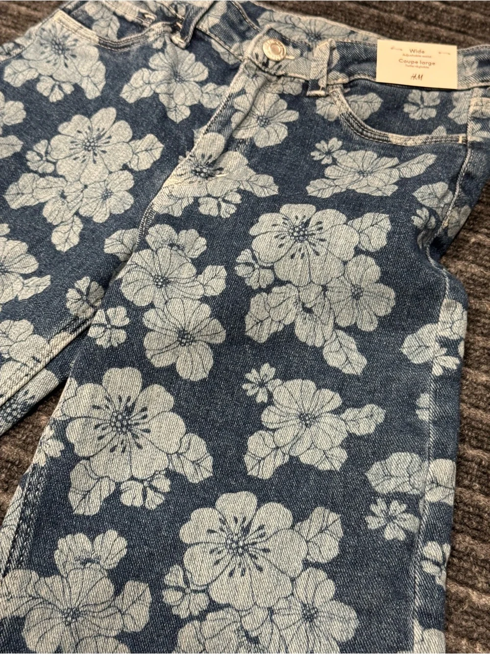 Girls H&M Wide Leg Size 8‎ Blue Denim Jeans Floral Pattern Adjustable Waist NWT